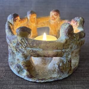 Circle of Friends Candle Holder, 6 Dancers, Aztec Mayan Pottery, 5″, Vintage Mex